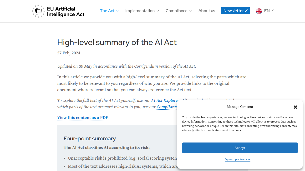 Screenshot of the high-level summary page for the EU AI Act, highlighting key aspects like risk-based approaches and high-risk system definitions.