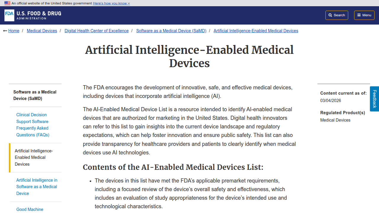 Screenshot of the FDA's webpage listing authorized AI-enabled medical devices, crucial for understanding healthcare regulations.