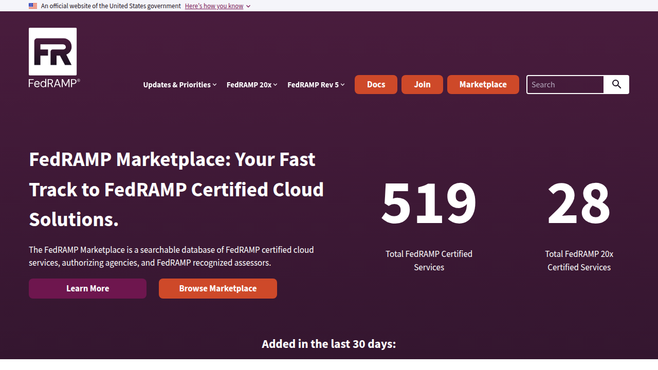The official FedRAMP website, detailing federal cloud security authorization requirements and authorized solutions.