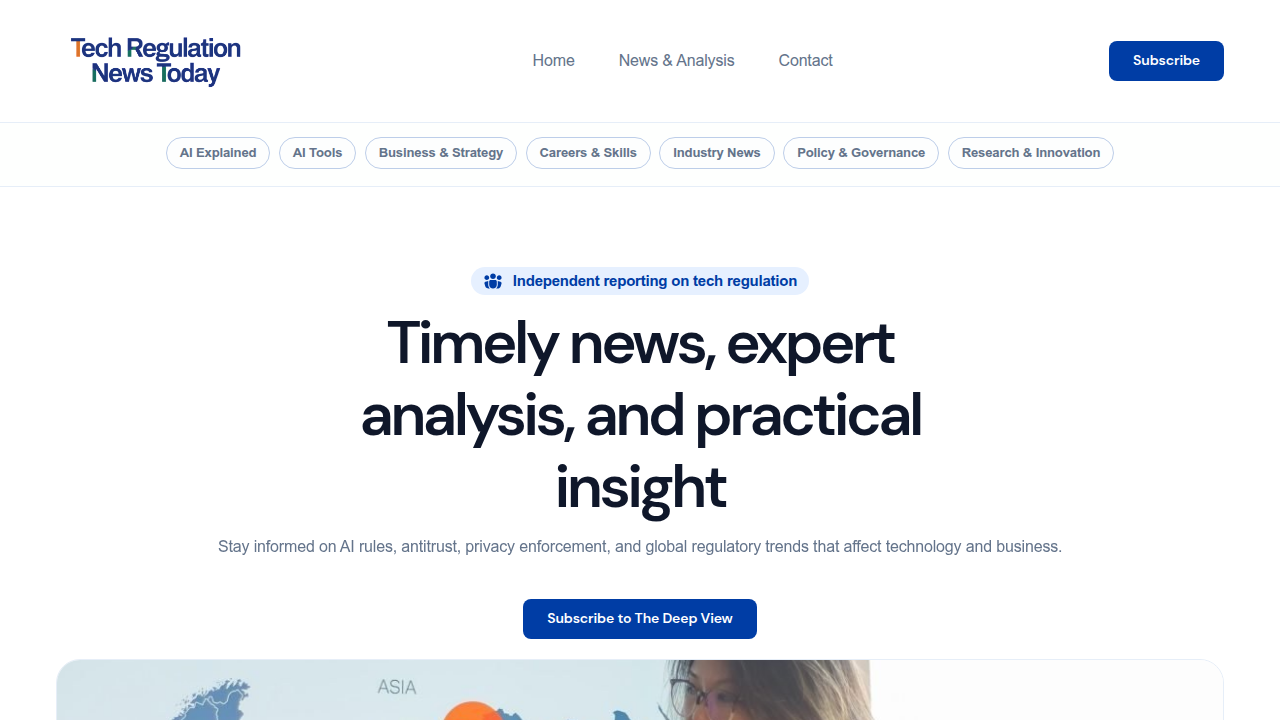 Screenshot of the Tech Regulation News Today website, a resource for staying updated on artificial intelligence regulations and compliance.