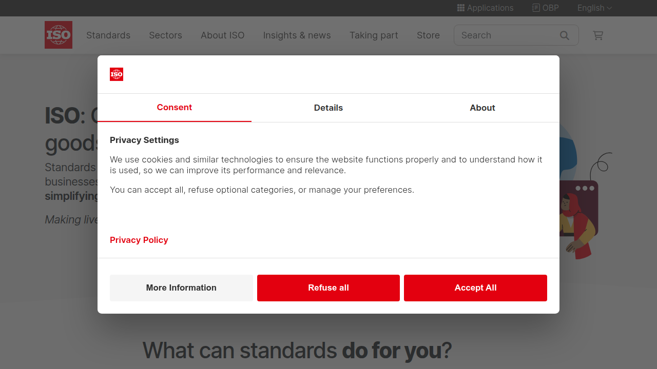 Screenshot of the International Organization for Standardization (ISO) website, highlighting information on ISO 42001 for AI management.