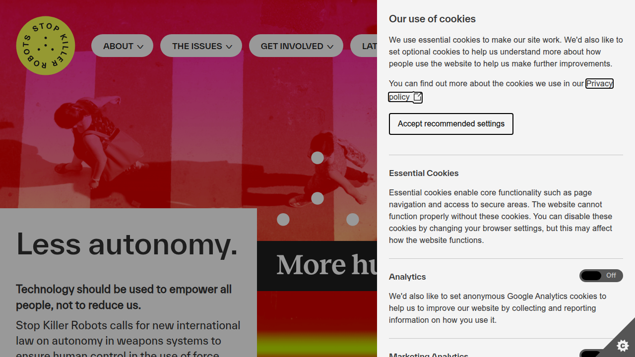 Homepage of Stop Killer Robots, an organization advocating for a ban on lethal autonomous weapons systems.