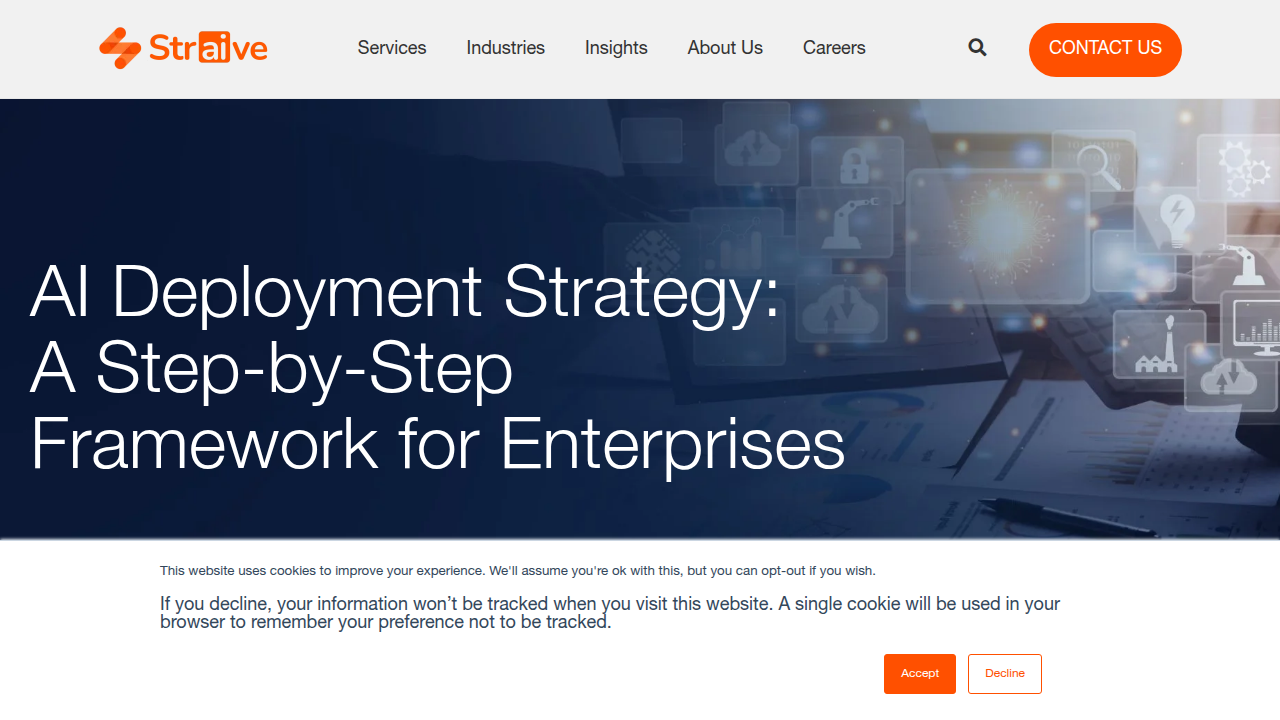The homepage of Straive, a resource for AI deployment strategies and step-by-step enterprise frameworks.