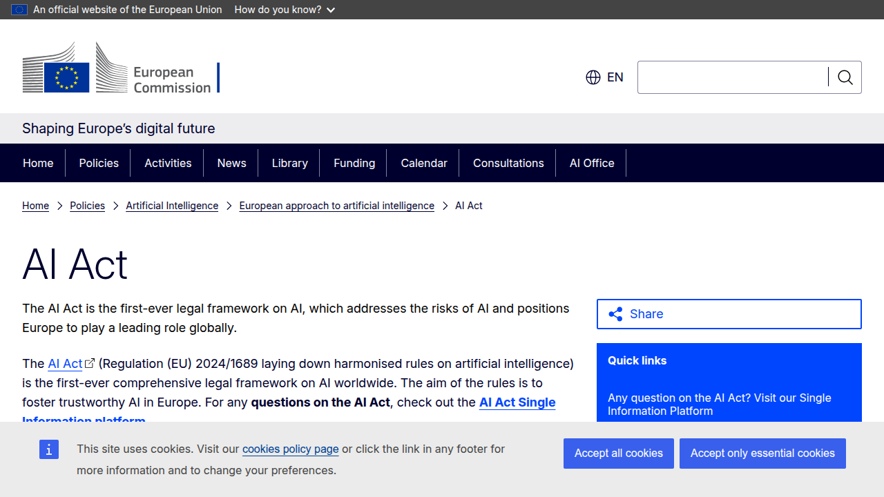 Screenshot of the official European Commission website, providing information about the EU AI Act and its regulatory framework.