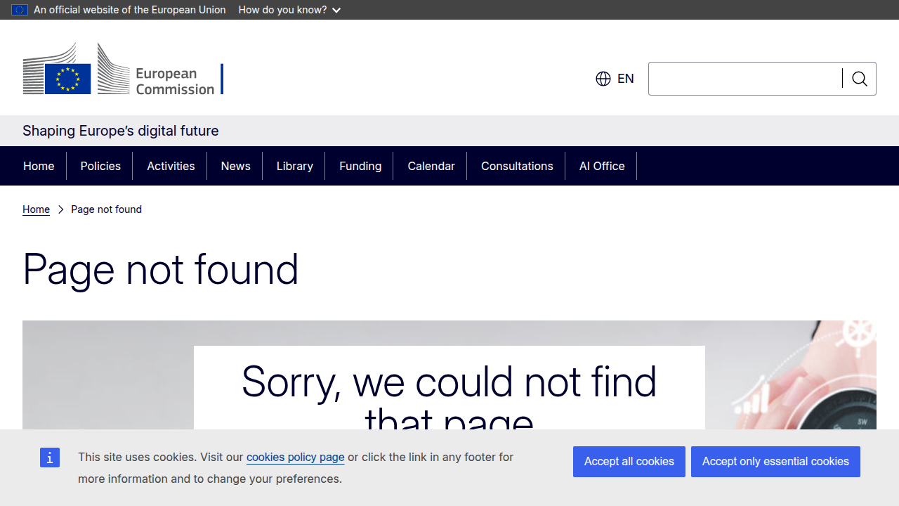 Screenshot of the European Commission's Digital Strategy website, focusing on AI policies.