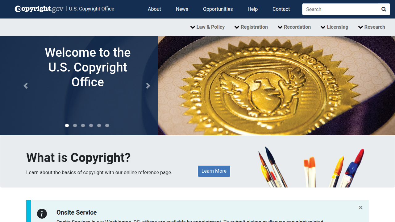 Screenshot of the U.S. Copyright Office website, providing information on copyright law.