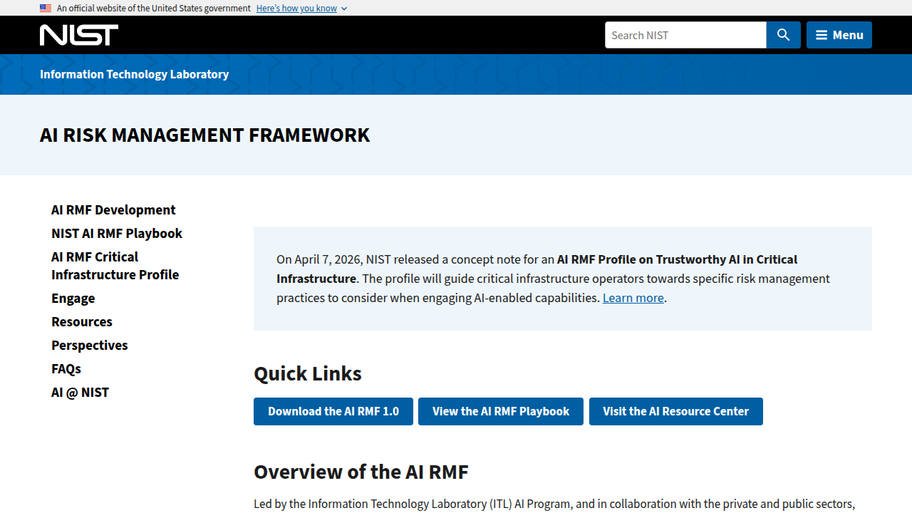 The National Institute of Standards and Technology (NIST) AI Risk Management Framework homepage.