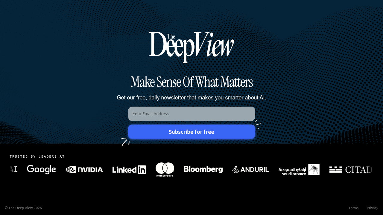 Screenshot of The Deep View Newsletter's subscription page, offering daily AI and tech regulation updates.