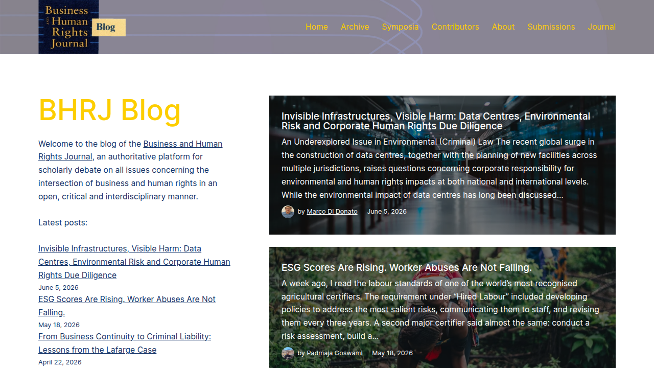 Screenshot of the BHRJ blog, featuring an article on deepfakes and surveillance technology, comparing EU and Chinese AI regulation.
