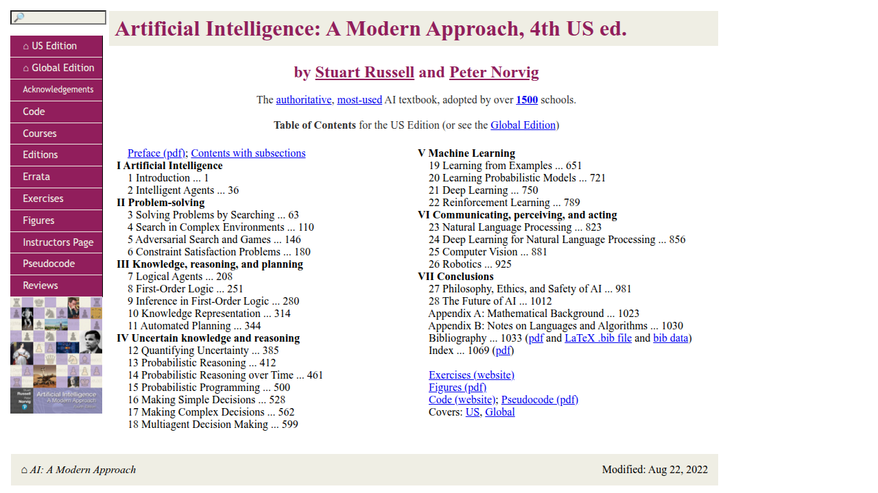 The official website for "Artificial Intelligence: A Modern Approach" by Russell & Norvig, highlighting its editions and resources.