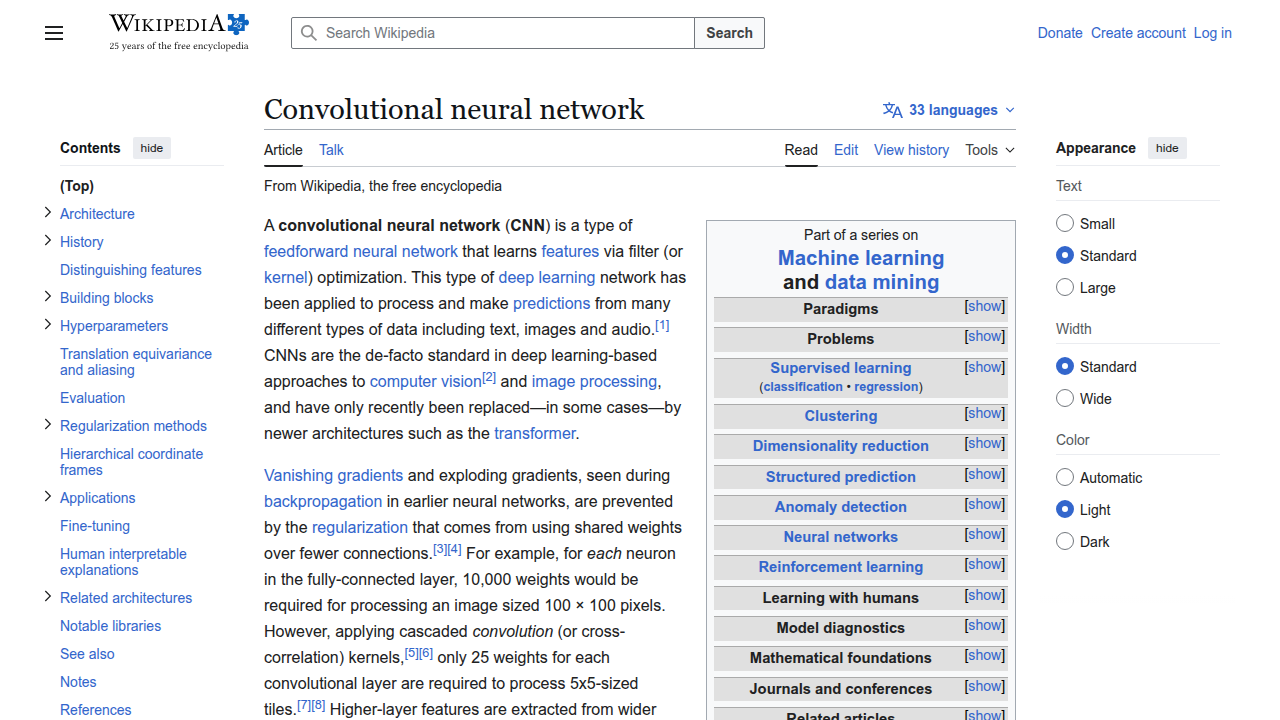 Wikipedia page explaining Convolutional Neural Networks, a key deep learning architecture.