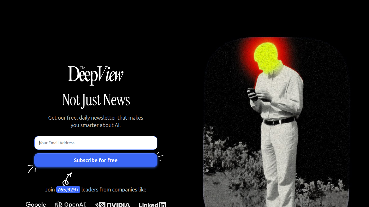Screenshot of The Deep View Newsletter homepage, offering daily updates on AI regulation.