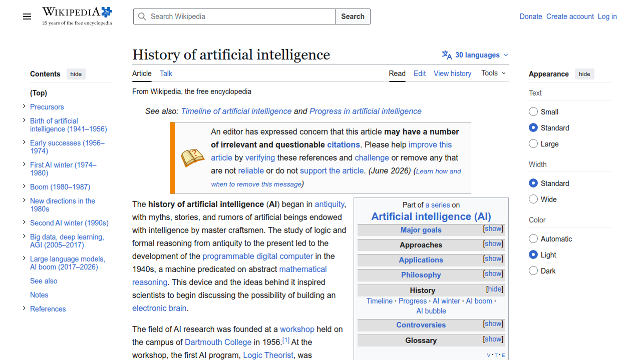 The Wikipedia page detailing the comprehensive history and foundational moments of artificial intelligence.