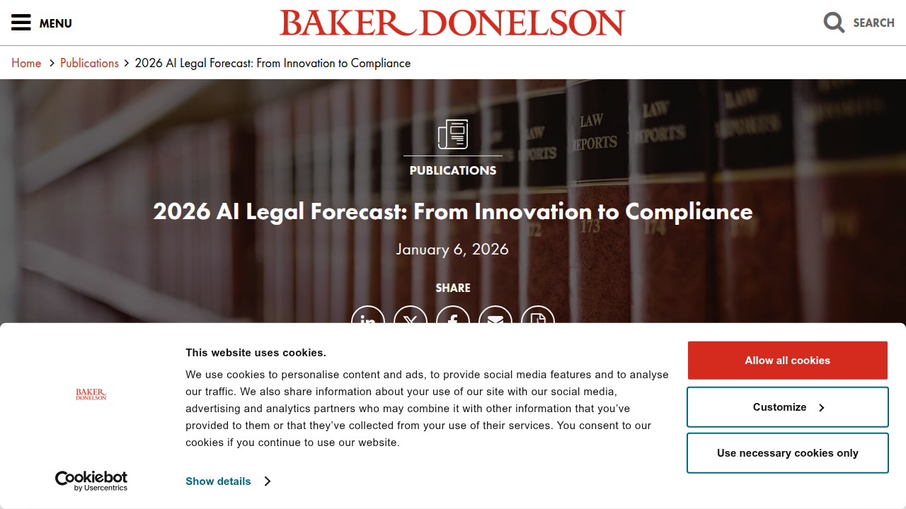 Screenshot of Baker Donelson's '2026 AI Legal Forecast,' covering innovation to compliance.