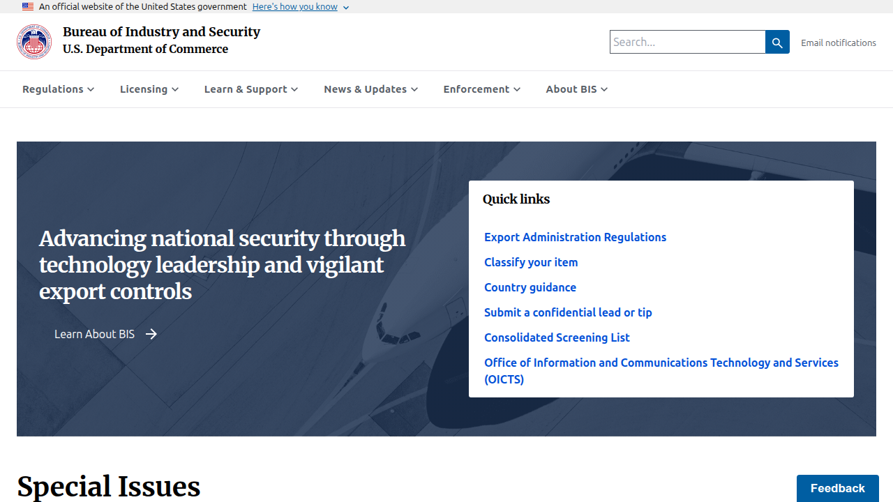 The official website for the Bureau of Industry and Security (BIS), managing export administration regulations.
