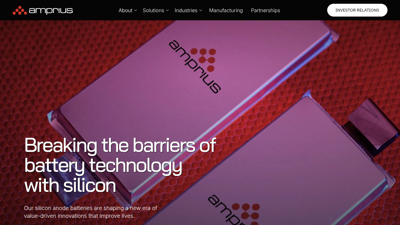 The official 'About Us' page for Amprius Technologies, detailing the company's history and milestones.