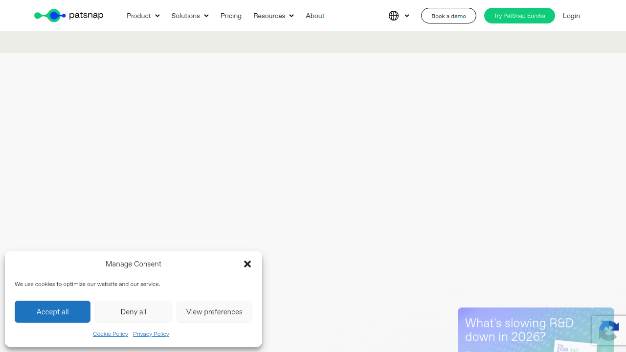 The homepage for Patsnap, a platform specializing in patent intelligence and innovation analytics.