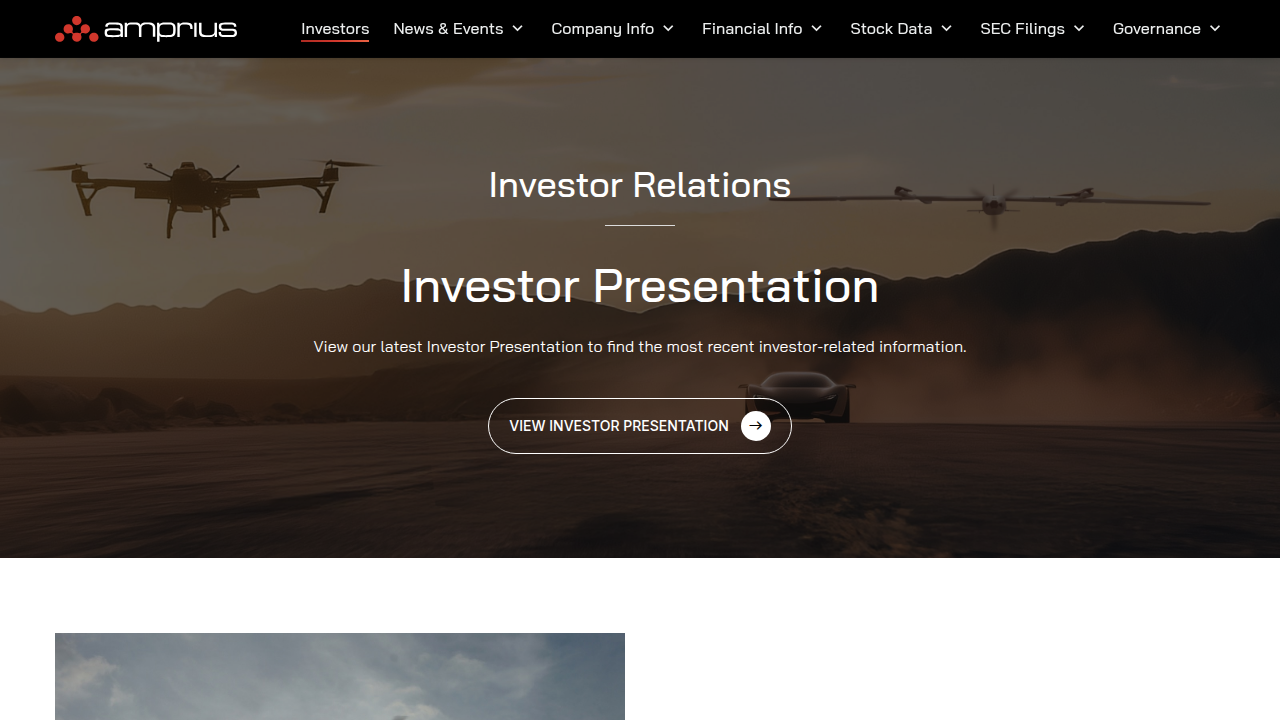 The investor relations homepage for Amprius Technologies, providing financial results and business highlights.