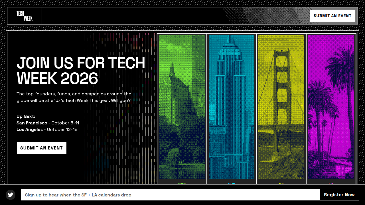 The Tech Week website's main page, providing an overview of upcoming tech festivals and regulatory-focused side events.