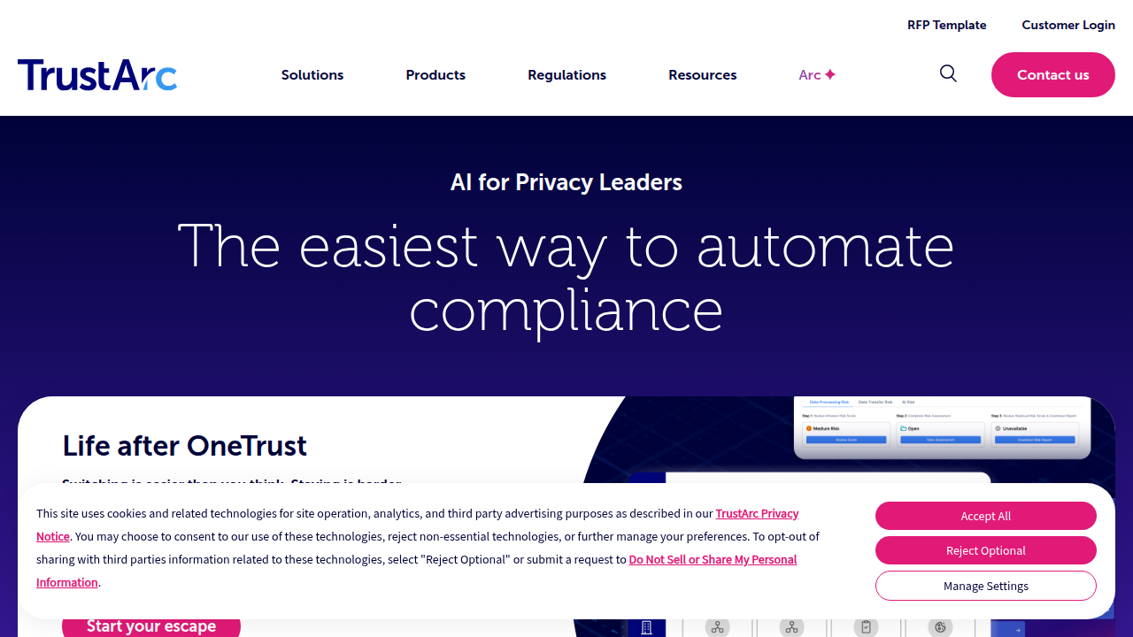 Homepage of TrustArc, a leading platform for privacy and compliance solutions, critical for navigating the 2026 regulatory landscape.