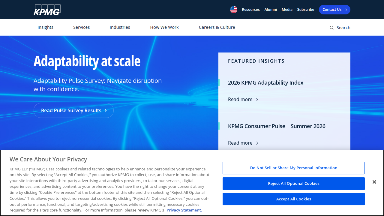 Screenshot of the KPMG US homepage, a global network of professional firms providing audit, tax, and advisory services.