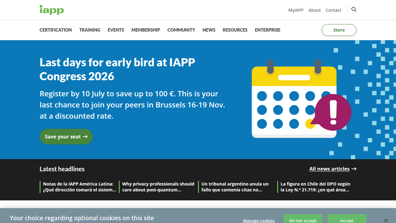 Screenshot of the International Association of Privacy Professionals (IAPP) website homepage, a leading global resource for privacy.