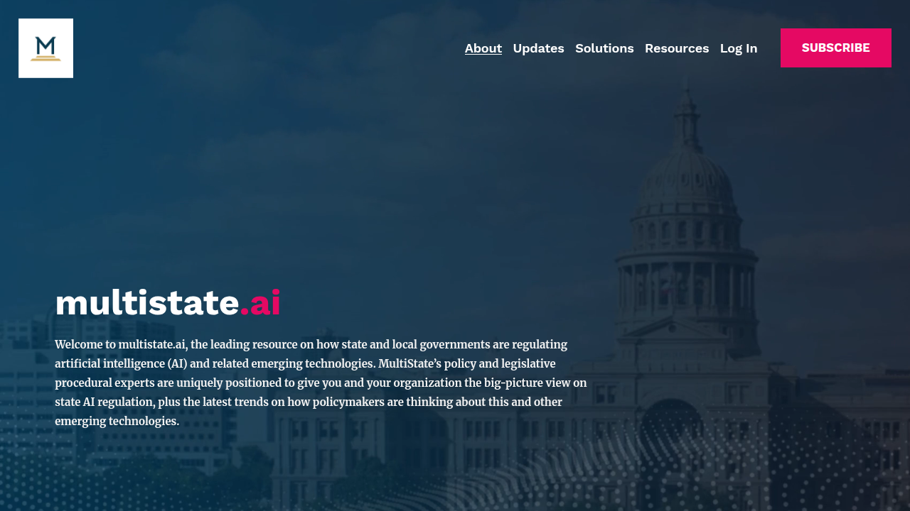 Screenshot of the Multistate.ai website homepage, a resource for tracking artificial intelligence legislation.