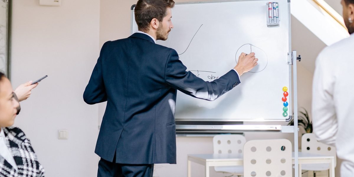 A business team collaborating at a whiteboard, representing strategic discussions and competitive analysis.