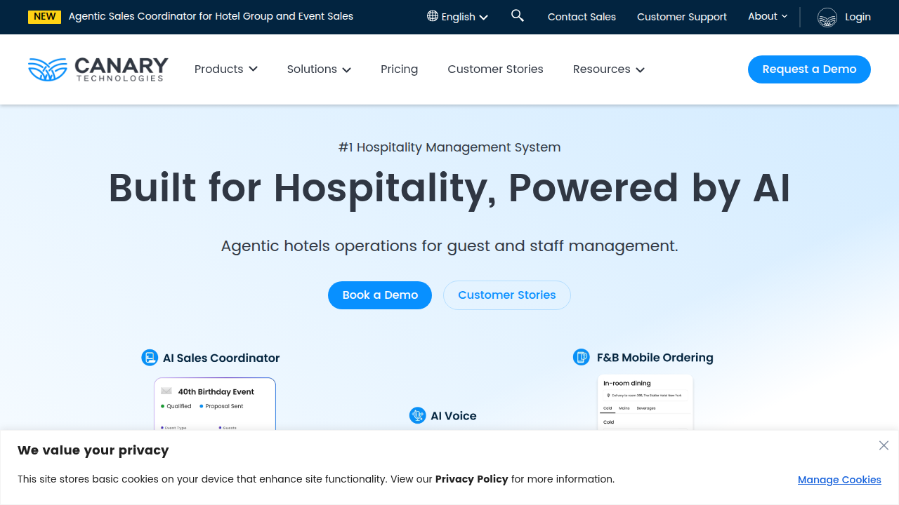 A view of the Canary Technologies homepage, showcasing their innovative software solutions for the hospitality industry.