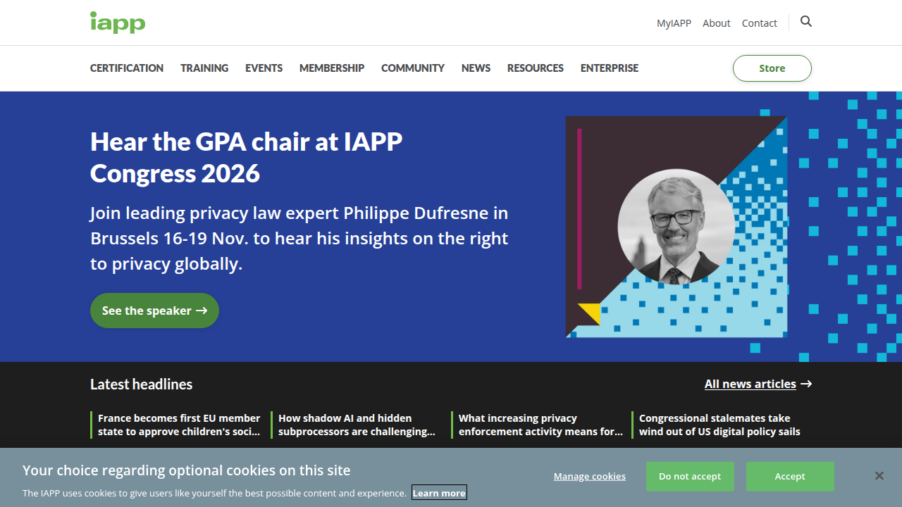 The homepage of the International Association of Privacy Professionals (IAPP), a key source for data privacy and AI governance.