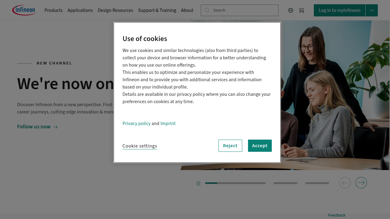 A screenshot of the Infineon Technologies homepage, showcasing their corporate presence in the semiconductor industry.