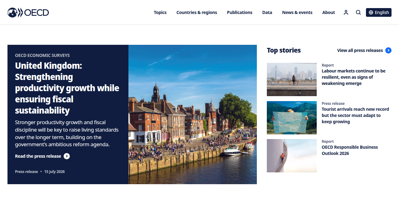 A screenshot of the Organisation for Economic Co-operation and Development (OECD) homepage, highlighting economic analysis and policy recommendations.