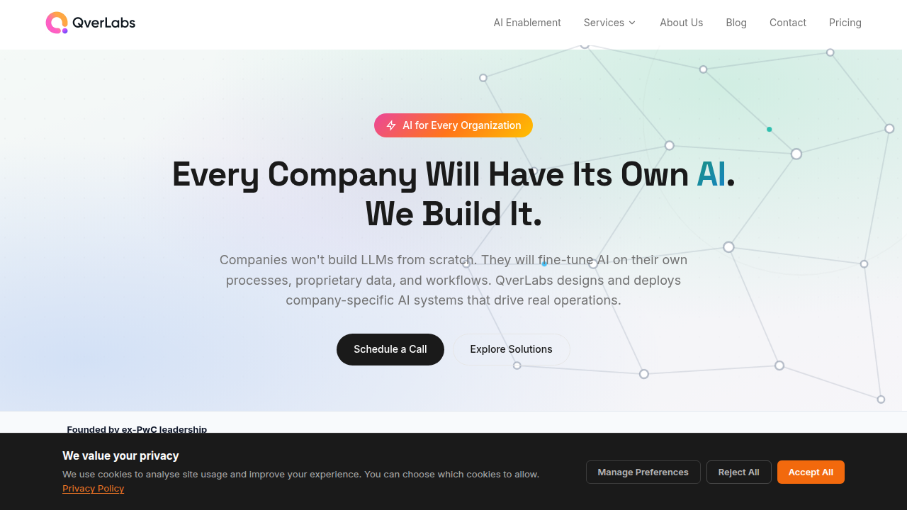Homepage of Qverlabs, a resource for understanding AI regulation across different regions like the US, EU, and China.