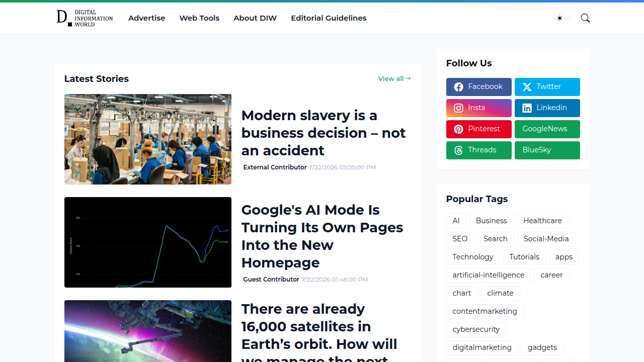 Digital Information World's homepage, a source for news on tech companies facing AI-related fines.