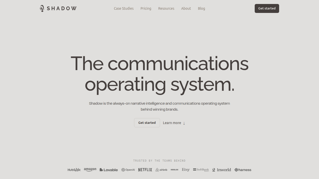 Homepage for Shadow.Inc, offering resources and tools for AI-powered media monitoring.