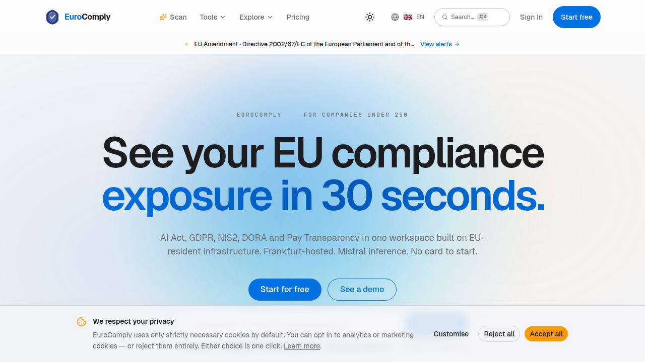 Homepage for Eurocomply, featuring information on EU AI enforcement tracking and compliance.