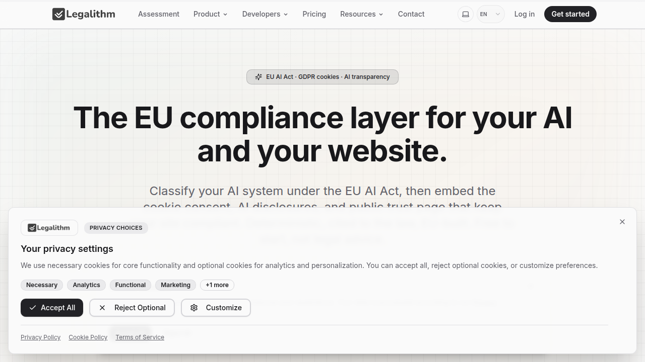 Homepage of Legalithm, a resource comparing AI regulations across various global jurisdictions.