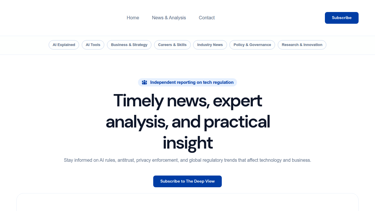 A screenshot of the TechRegulationNewsToday.com homepage, a resource for AI regulations and compliance strategies for businesses.