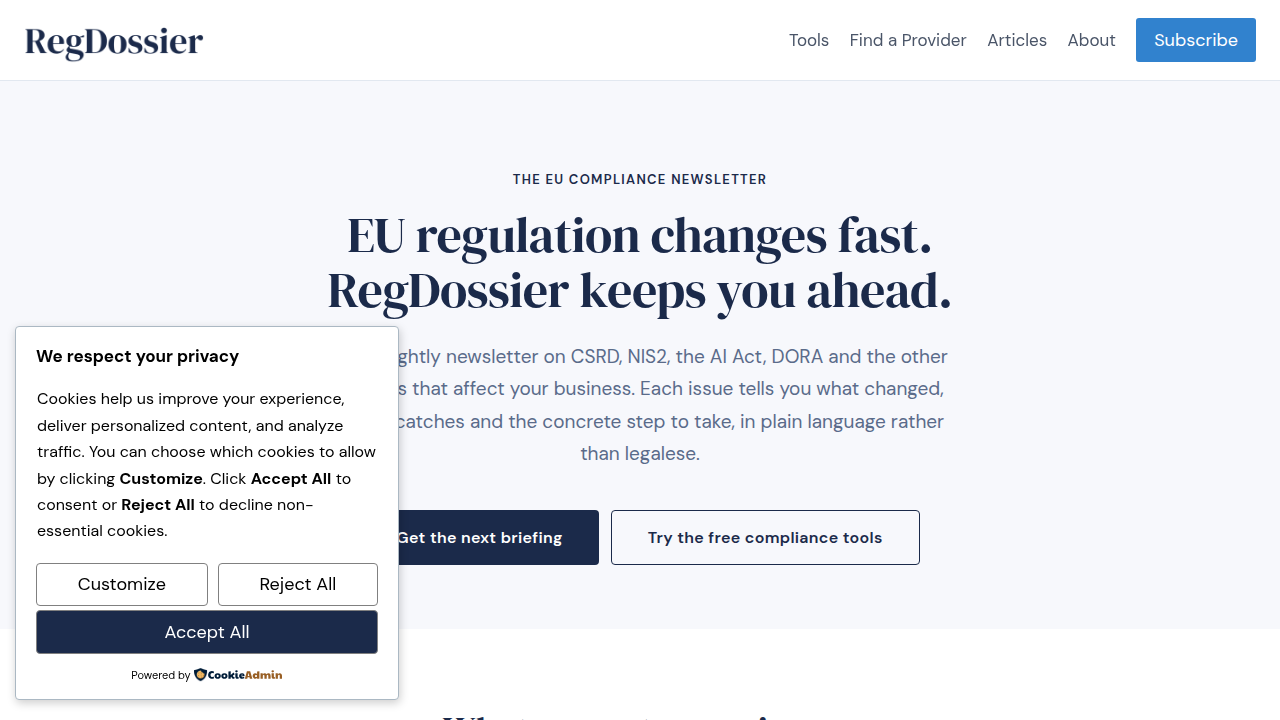 A screenshot of regdossier.eu, a tracker for EU regulatory enforcement, highlighting GDPR fines and status.
