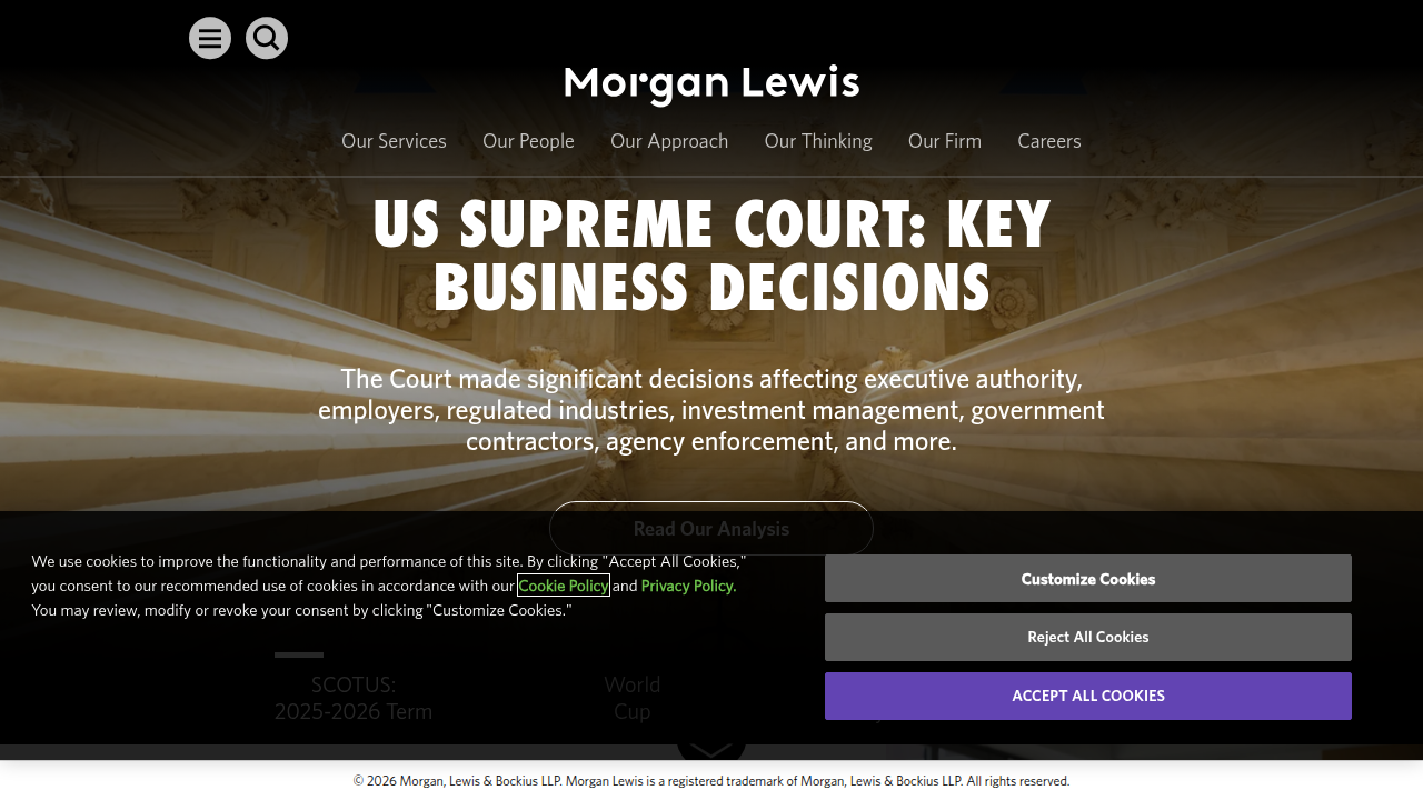 A screenshot of the Morgan Lewis website, featuring an article on the Antitrust & Competition Outlook for 2026.