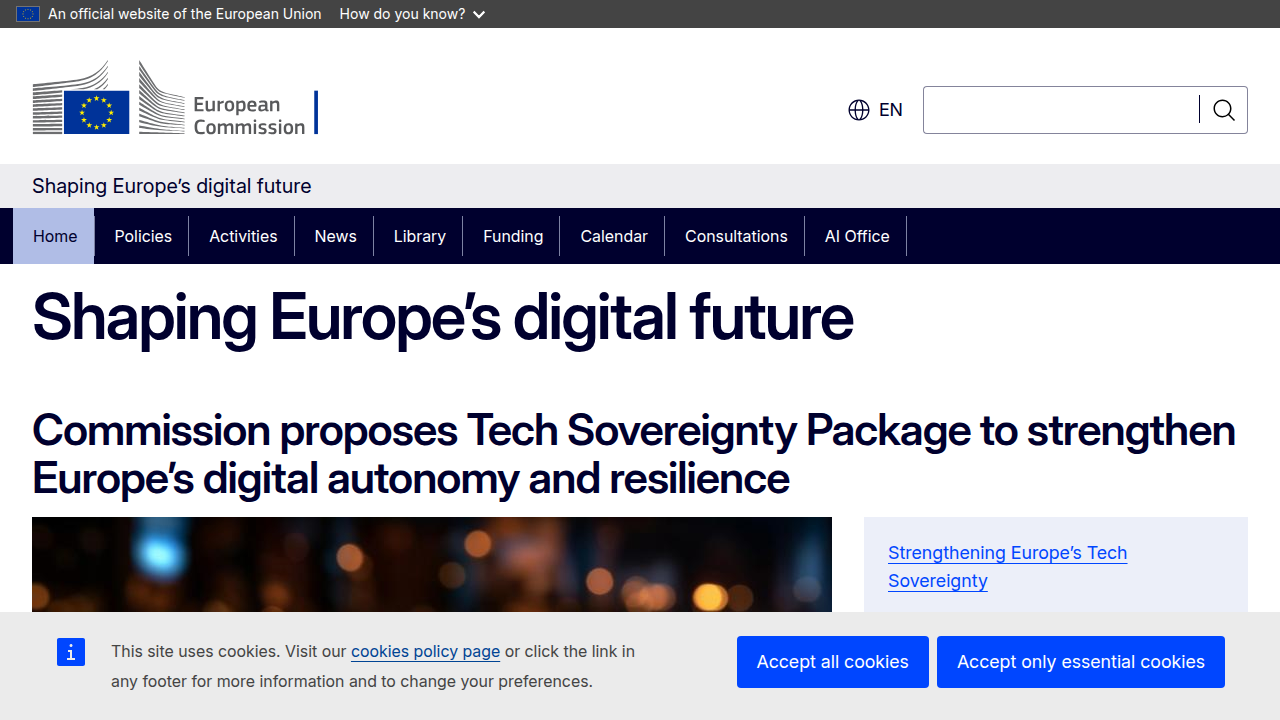 A screenshot of the European Commission's digital-strategy.ec.europa.eu page, detailing the EU AI Act.