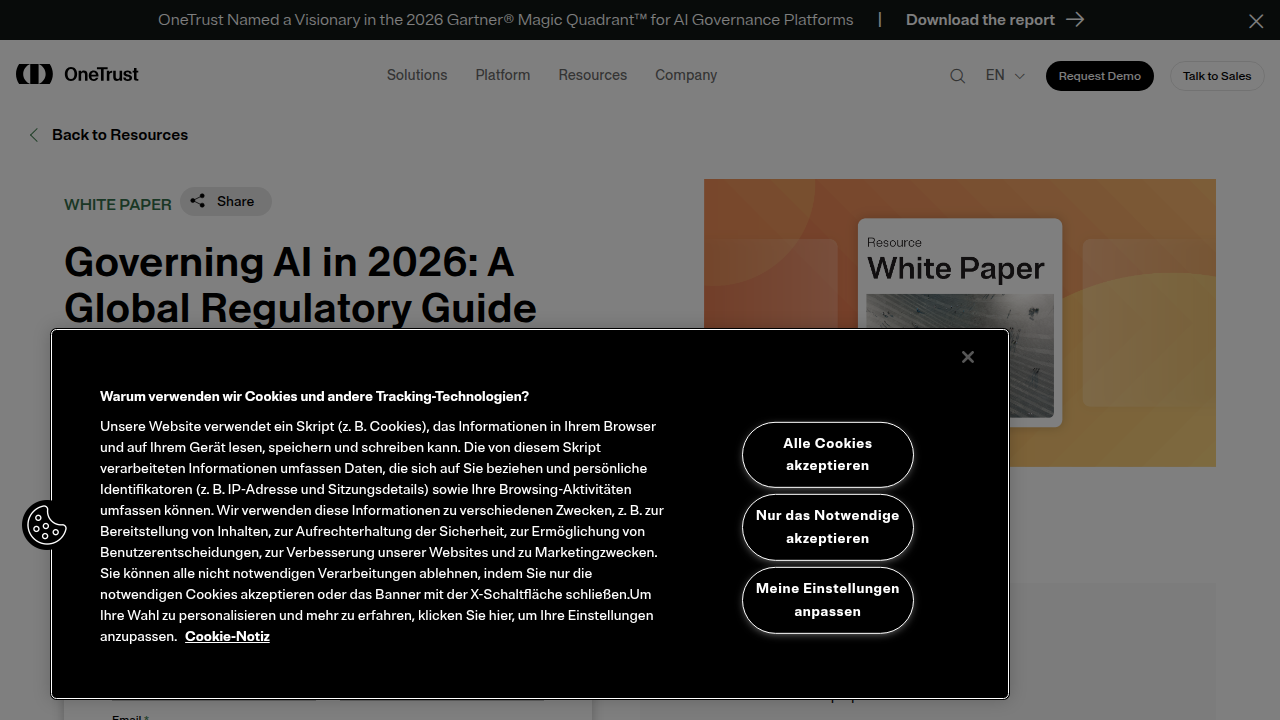 Screenshot of the OneTrust website, highlighting their "Governing AI in 2026: A Global Regulatory Guide White Paper."