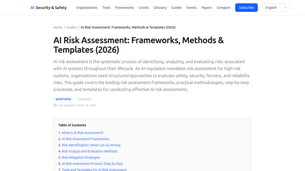 Screenshot of the AI Security & Safety website featuring a guide on AI Risk Assessment frameworks, methods, and templates.