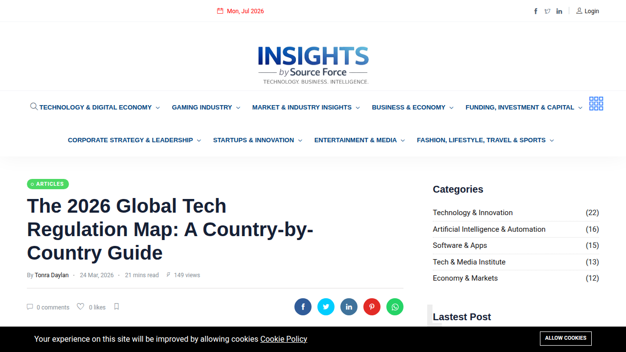 Screenshot of the SourceForce website, showcasing "The 2026 Global Tech Regulation Map: A Country-by-Country Guide."