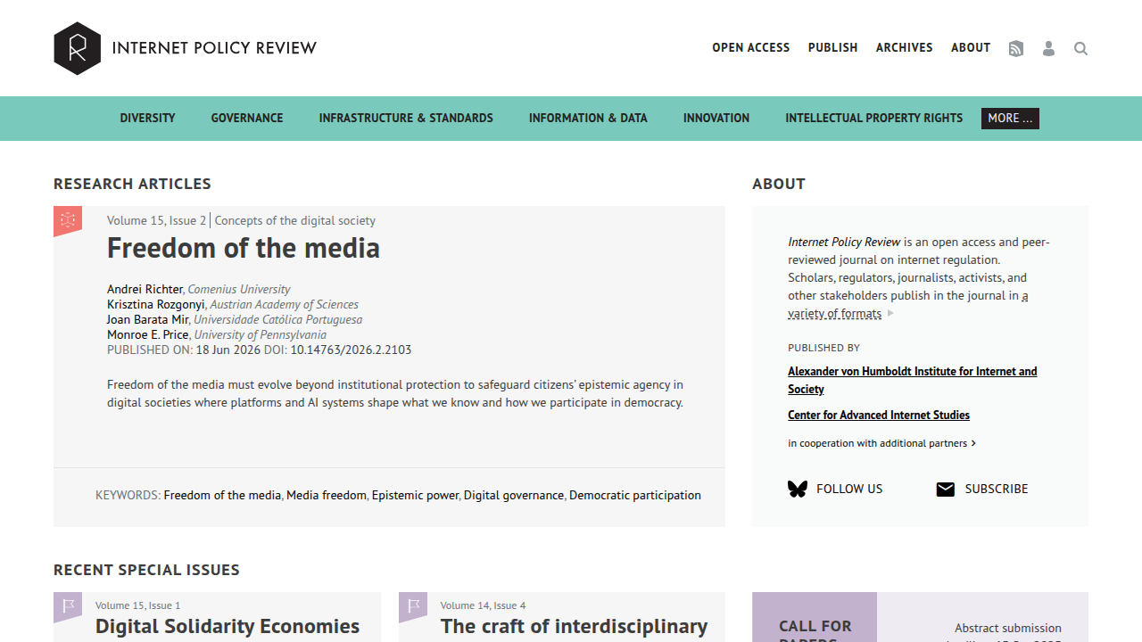 Screenshot of Policy Review Info's homepage, offering analysis on data-driven technologies.