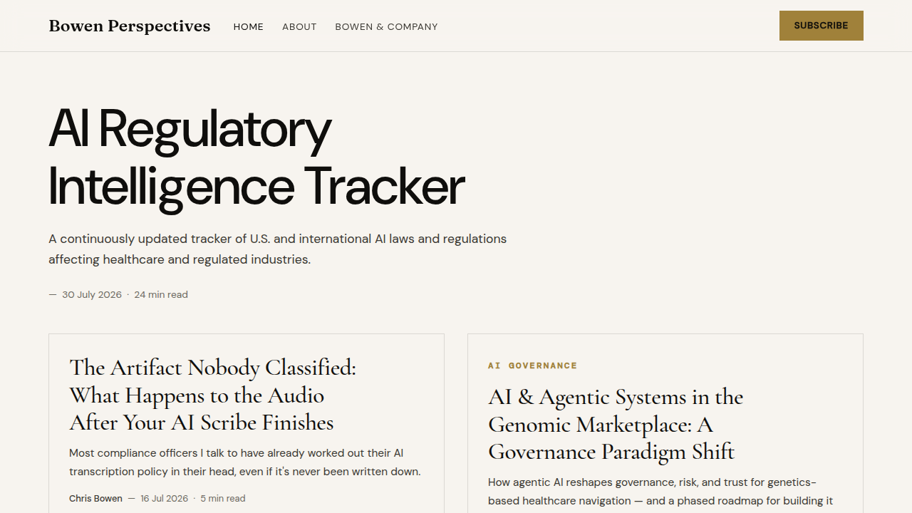 Screenshot of the Bowen Company blog homepage, a resource for AI regulatory intelligence.