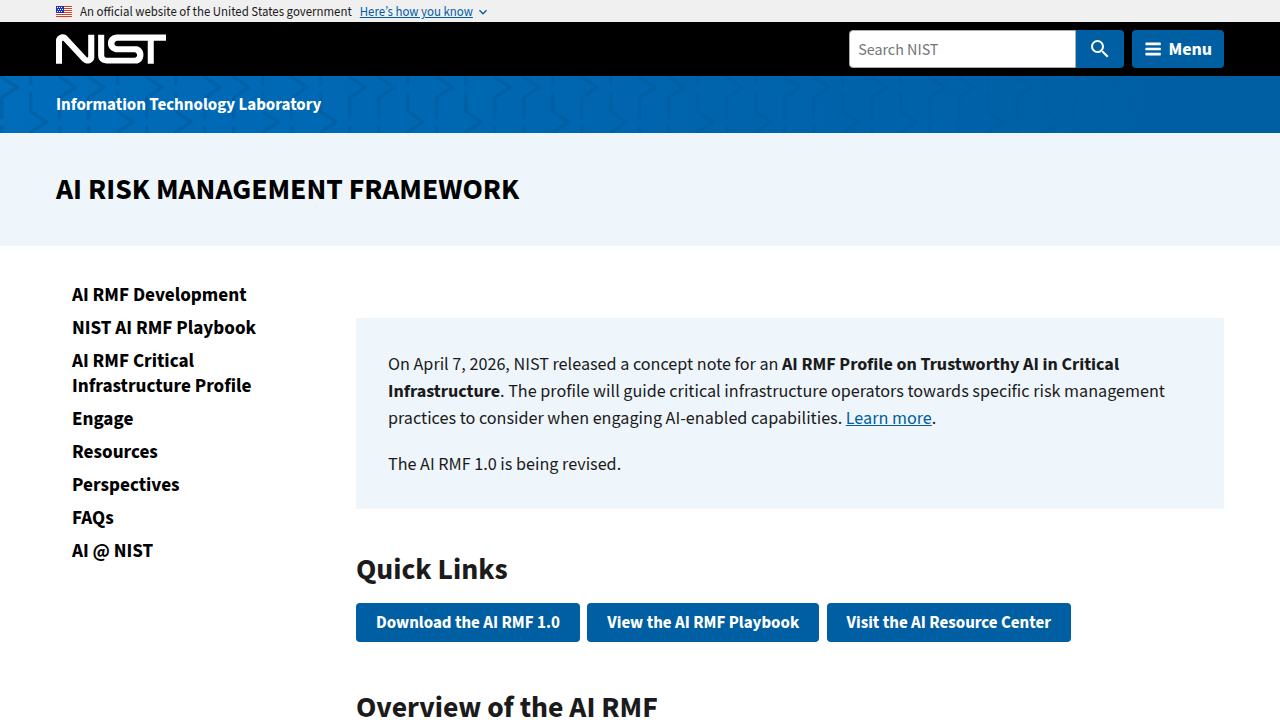 Screenshot of the official NIST AI Risk Management Framework webpage.