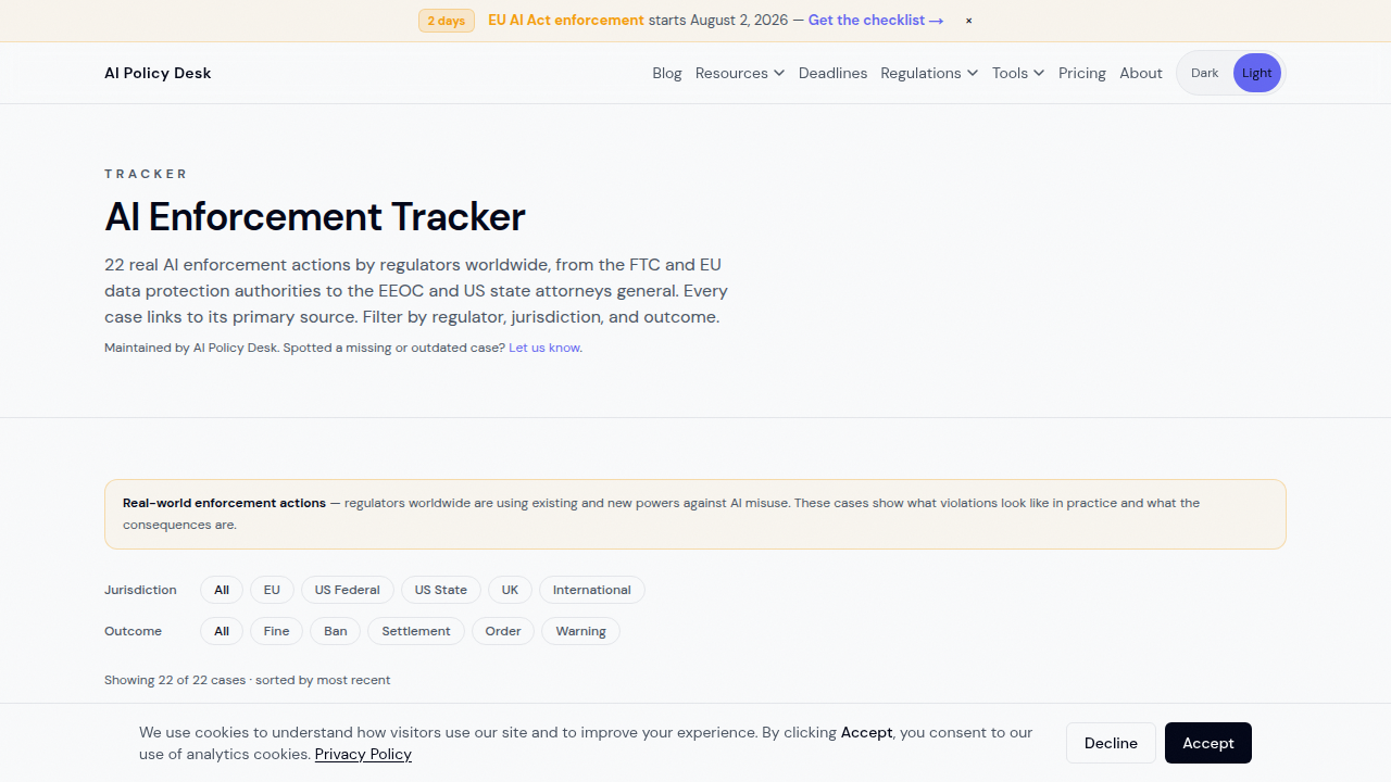 Screenshot of the AI Policy Desk's AI Enforcement Tracker, showing real regulatory actions.