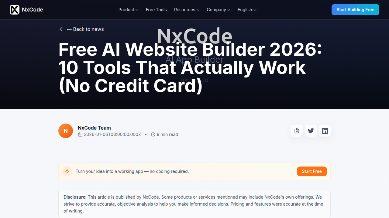 Screenshot of nxcode.io, a resource comparing free AI website builders for 2026, offering insights into available tools.