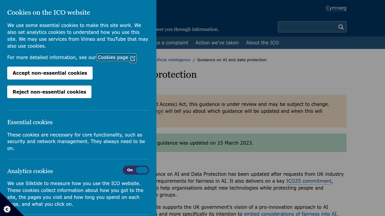 Screenshot of the Information Commissioner's Office (ICO) website, displaying guidance on AI and data protection for organizations.